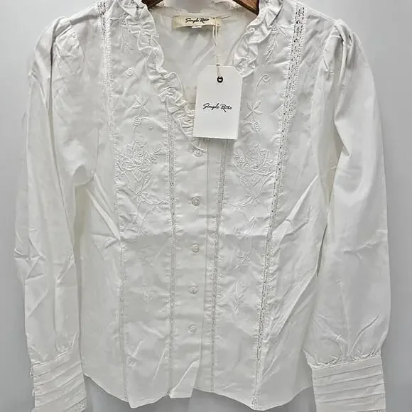 Simple Retro M Faith Lace Patchwork Embroidered Off White Cottagecore Blouse - Picture 5 of 13